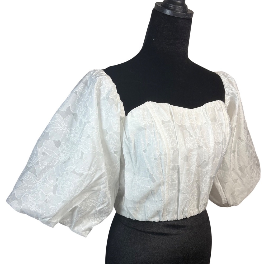 SNT White Floral Puff Sleeve Corset Top Romantic Cottagecore Sweetheart Crop
